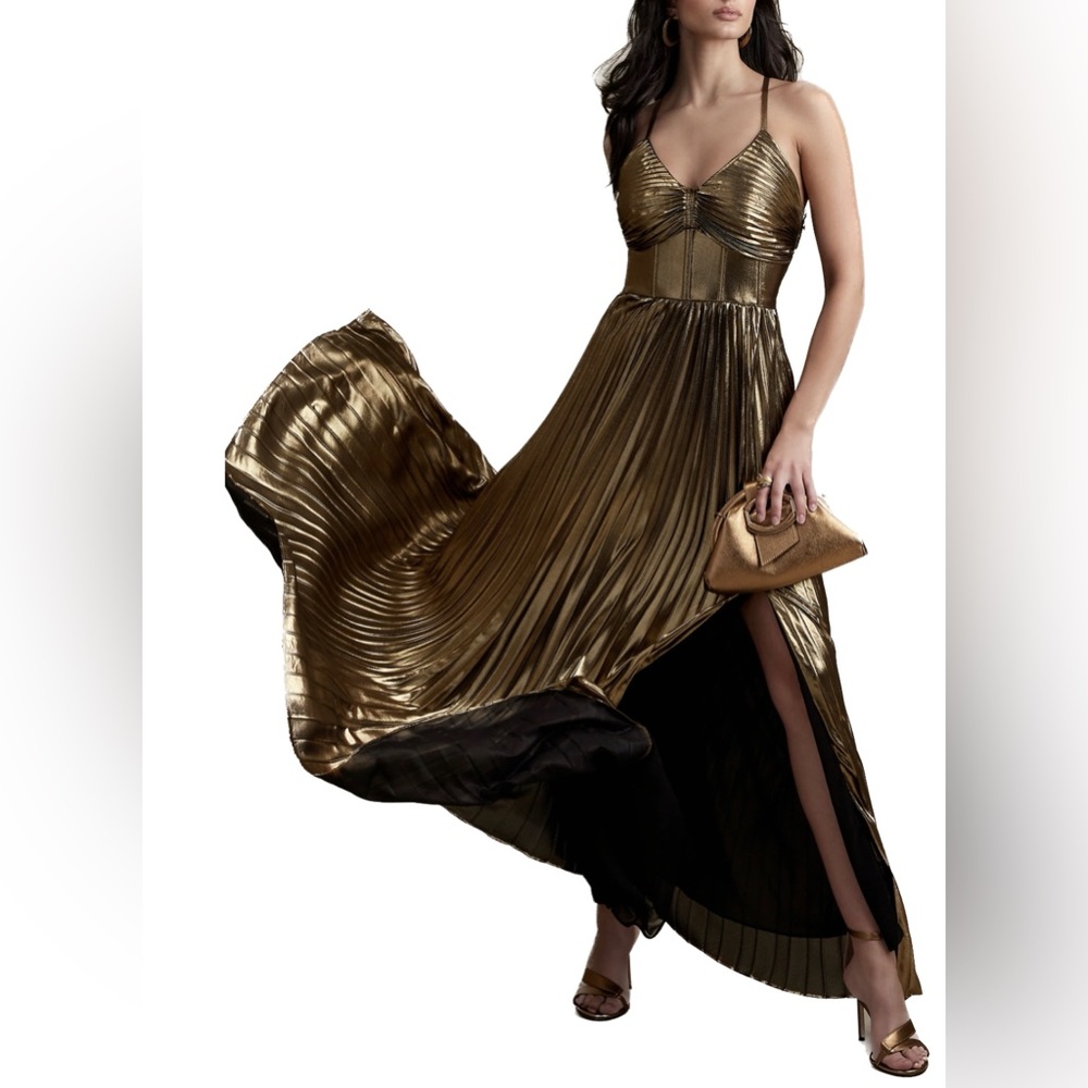 Banana Republic Odette Raggiera Golden Goddess Pleated Gown Maxi Slit